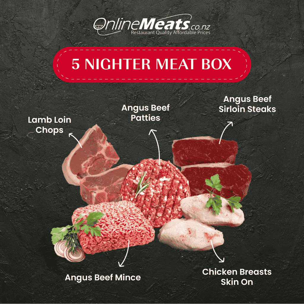 Promotional image of a '5 Nighter Meat Box' from OnlineMeats.co.nz with various cuts of meat 