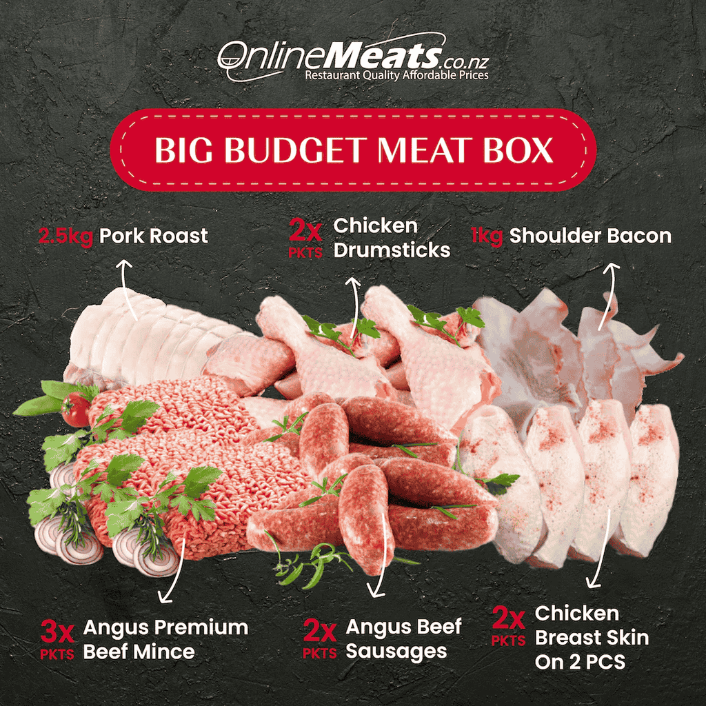 Promotional image of a 'Big Budget Meat Box' from OnlineMeats.co.nz with various meats 