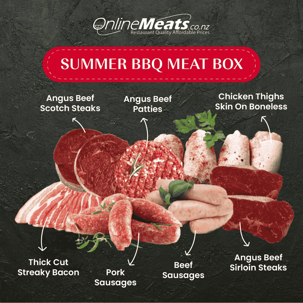 Summer BBQ Meat Box with various meats, featuring OnlineMeats.co.nz branding.